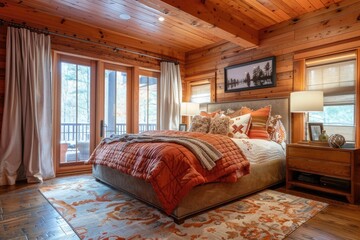 Cozy autumn-themed luxury bedroom with warm earth tones and wooden decor.