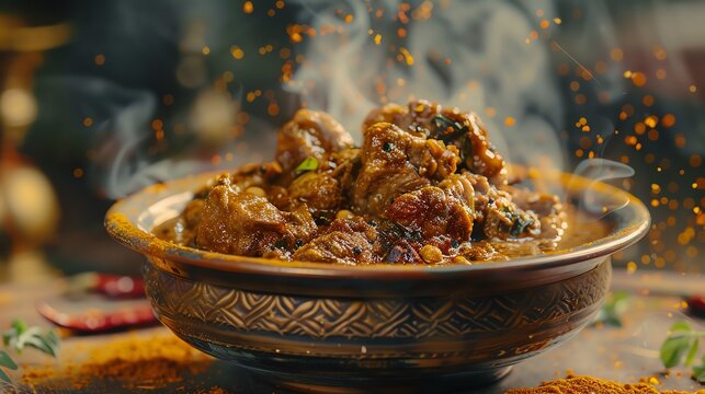 Mutton curry, tender mutton pieces in a spiced gravy, served in a decorative bowl with a scenic Indian countryside backdrop