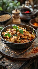 Fototapeta premium Pad Kee Mao, drunken noodles with chicken and basil, served on a rustic wooden board with a lively street food market scene