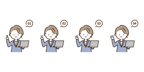 指で1234の数字を作って説明するノートパソコンを持った若いビジネスマン