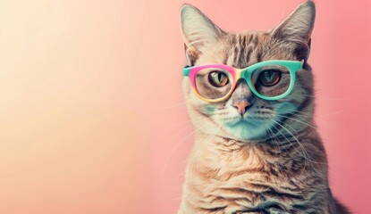 Portrait of a funny cat with colorful glasses on a pastel background
