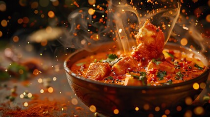 Paneer butter masala, creamy paneer curry with tomatoes and spices, served in a traditional bowl with a vibrant Indian wedding backdrop