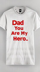 Elegant white t-shirt featuring the quote "Dad, You Are My Hero" in red text, set against a simple grey background, ideal for Father's Day