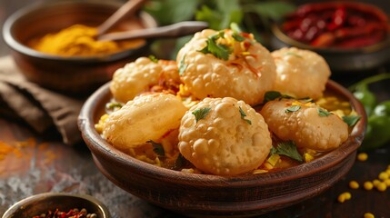 Fototapeta premium Pani puri, crispy hollow puris filled with spicy tamarind water, served on a vibrant plate with a festive Indian street food market