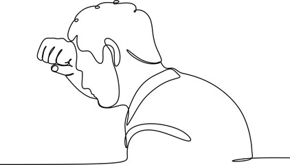 Line drawing of young man depressed, sad emotional turmoil, loss, grief, life problems, confusion, disordered feelings and worry about poor mental health.