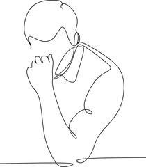 Line drawing of young man depressed, sad emotional turmoil, loss, grief, life problems, confusion, disordered feelings and worry about poor mental health.