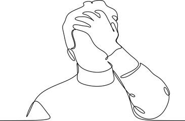 Line drawing of young man depressed, sad emotional turmoil, loss, grief, life problems, confusion, disordered feelings and worry about poor mental health.