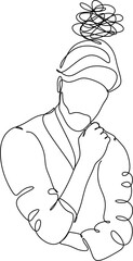 Line drawing of young man depressed, sad emotional turmoil, loss, grief, life problems, confusion, disordered feelings and worry about poor mental health.