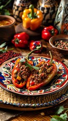 Fototapeta premium Peruvian rocoto relleno, stuffed spicy peppers with beef and cheese, served on a decorative plate with a backdrop of Cusco