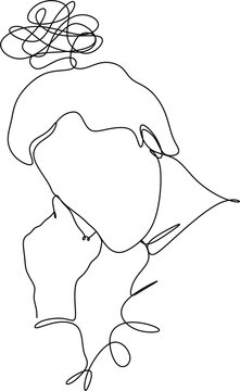 recommend clip art: Line drawing of young man depressed, sad emotional turmoil, loss, grief, life problems, confusion, disordered feelings and worry about poor mental health.