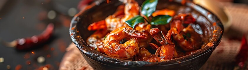 Prawn balchao, spicy Goan prawn pickle, served in a rustic bowl with a coastal Goan village scene