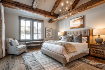 Cozy rustic bedroom with wooden beams.