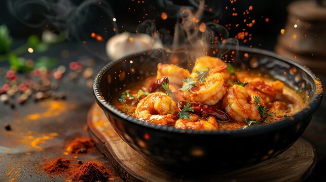 Prawn curry, spiced prawn curry with coconut milk, served in a traditional bowl with a coastal Indian village scene