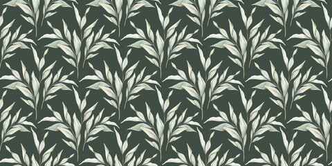 Obraz premium Green branches with leaves. Hand drawn watercolor seamless pattern of Twigs. Summer floral background for wedding design, textiles, wrapping paper, scrapbooking