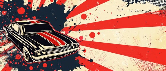 a vintage muscle car with bold racing stripes background in a distressed pop art style featuring elements from various related artworks and designs