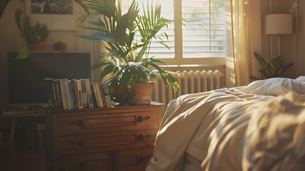 Wooden chest of drawers with houseplant and magazines near cozy bed in bedroom