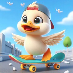 cute duck playing skateboard cartoon , 3d Generative AI