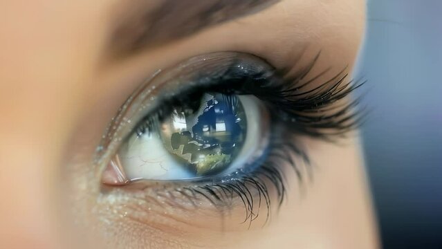 Close up of a woman eye reflecting a Earth globe rotating, representing environment awareness and global connectivity and diversity, world inside her eye, 4k