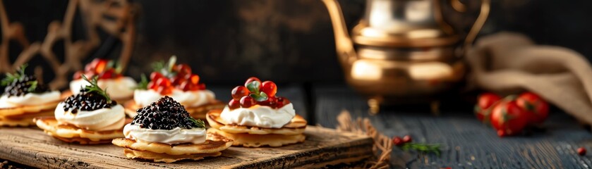 Russian blini with sour cream and caviar, arranged on a rustic wooden board with a traditional Russian samovar in the background