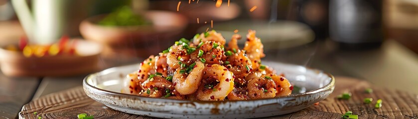 Salt and pepper squid, crispy and spiced, served on a rustic plate with a coastal Taiwanese village background