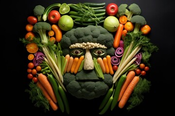Creative display of assorted vegetables and fruits forming an artistic imitation of a human face