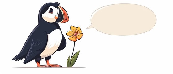 Fototapeta premium Whimsical puffin exudes joy, holding a flower in storybook style