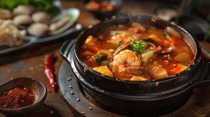 Sundubu jjigae, spicy soft tofu stew with seafood, served in a clay pot with a cozy Korean restaurant setting