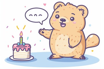 Fototapeta premium Whimsical wombat exudes joy with a gentle demeanor while holding a birthday cake, embodying a storybook character's charm