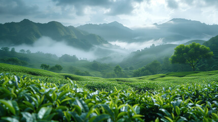 Fototapeta premium Picturesque landscape with tea bushes and mountains.