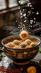 Taiwanese fish ball soup, served in a traditional bowl with a bustling street food market scene