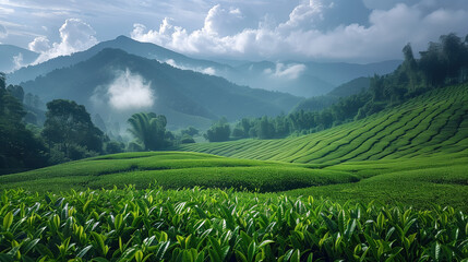 Fototapeta premium Green tea plantation against the backdrop of mountains and fog.