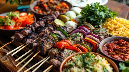 A Mouthwatering Display of Various Grilled Kebabs on a Skewer with Colorful Side Dishes and Sauces,...