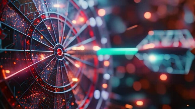 This dart in mid-air makes contact with a target board center, illustrating precision and accuracy.