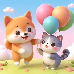 cute shiba inu dog giving balloon to cat cartoon , 3d Generative AI