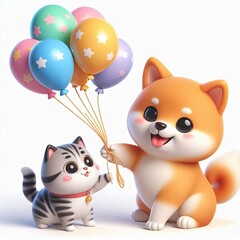 cute shiba inu dog giving balloon to cat cartoon , 3d Generative AI