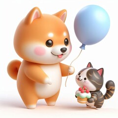 cute shiba inu dog giving balloon to cat cartoon , 3d Generative AI