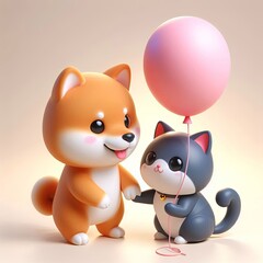 cute shiba inu dog giving balloon to cat cartoon , 3d Generative AI