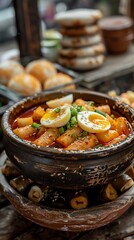 Tteokbokki, spicy rice cakes with fish cakes and boiled eggs, served in a rustic bowl with a busy street food market background