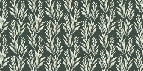 Green branches with leaves. Hand drawn watercolor seamless pattern of Twigs. Summer floral background for wedding design, textiles, wrapping paper, scrapbooking