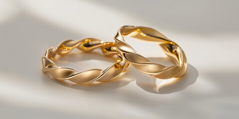 A pair of gold wedding rings on white background, 