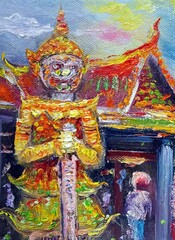 oil painting giant guardians grand palace bangkok thailand	