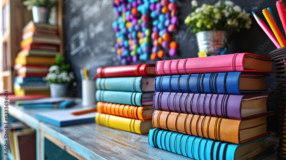 Poster stack of colorful textbooks and notebooks on a clean, white classroom desk with a chalkboard in the 
