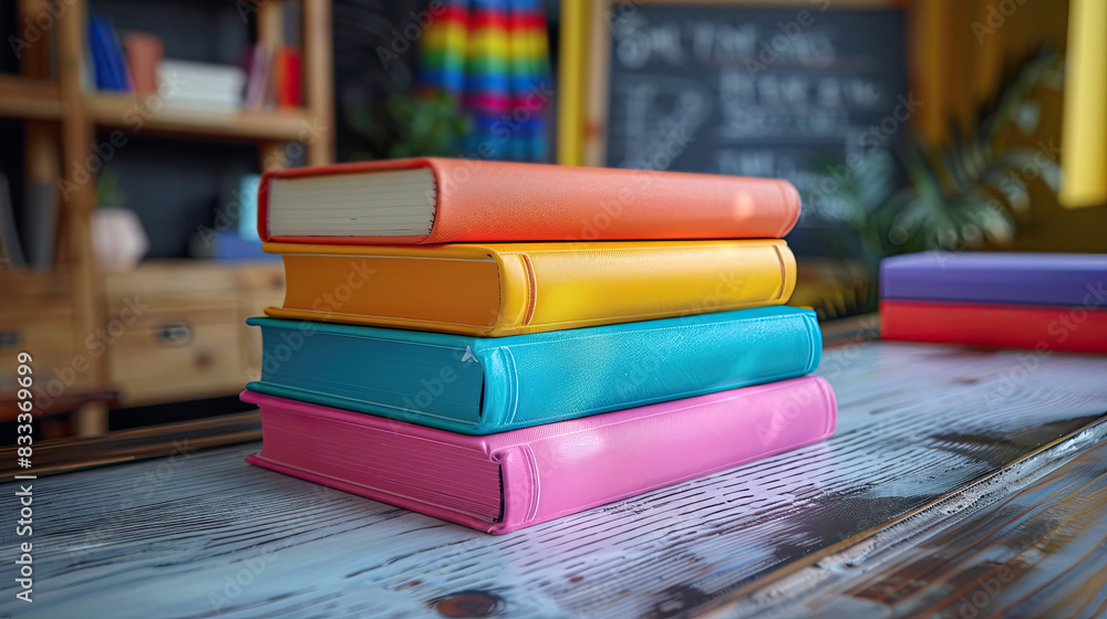 Poster stack of colorful textbooks and notebooks on a clean, white classroom desk with a chalkboard in the 