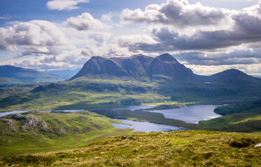 Views of the summits of Cul Mor and An Laogh with Loch an Doire Dhuibh below from the summit of...