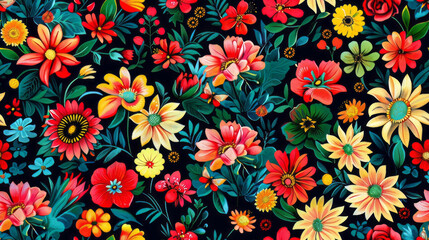 Vibrant floral pattern with colorful blossoms and leaves