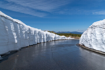 道路に続く雪の壁　乗鞍岳