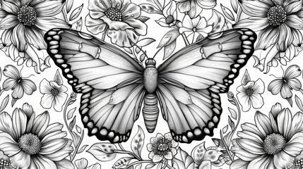 A coloring book design featuring a series of stylized butterflies and insects, with intricate wing patterns and natural elements.