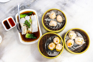 Cantonese Chinese Dim sum Food Menu with Dumplings of Shrimp and Pork