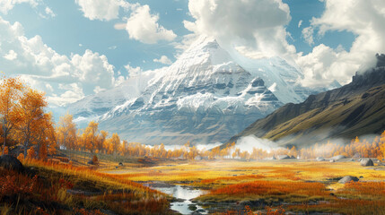 Serene autumn landscape with snow-capped mountain and vibrant foliage