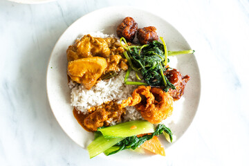 Malaysian Malay and Chinese Buffet Dinner Set with Spinach, Chicken, Rice, Pork Ribs etc.